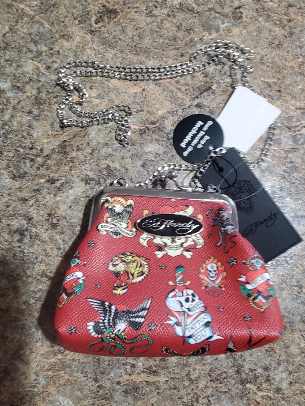 ED HARDY RED PRINT COIN PURSE WITH DILVER CHAIN . SHOULDER/ CROSSBODY. NWT PUNK